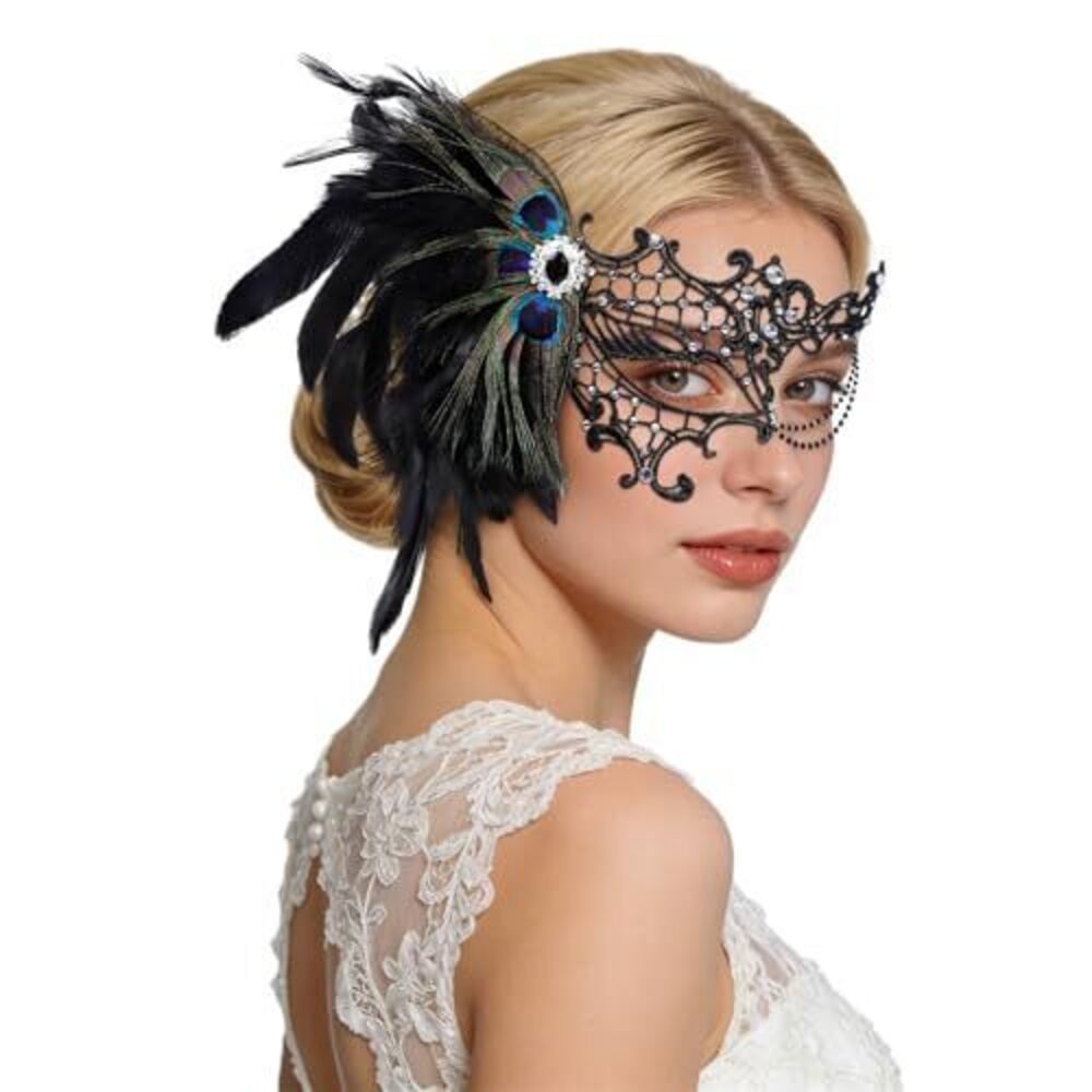 9430 Masquerade Mask , Feather Lace Mardi Gras Mask, Peacock Venetian